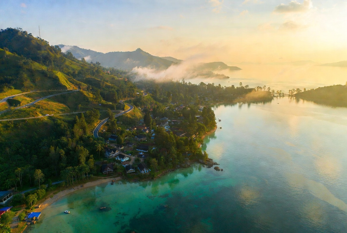 Pemandangan panorama perbukitan hijau di Pulau Samosir dengan latar belakang Danau Toba yang biru.