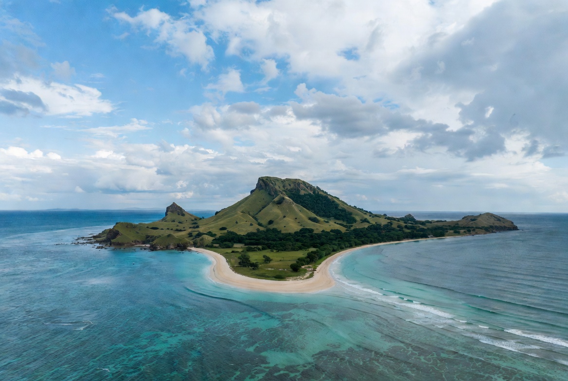 Aerial view Pulau Padar dengan bukit hijau dan pantai biru di Taman Nasional Komodo, NTT